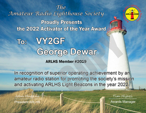 ARLHS 2022 Activator of the Year Award Certificate